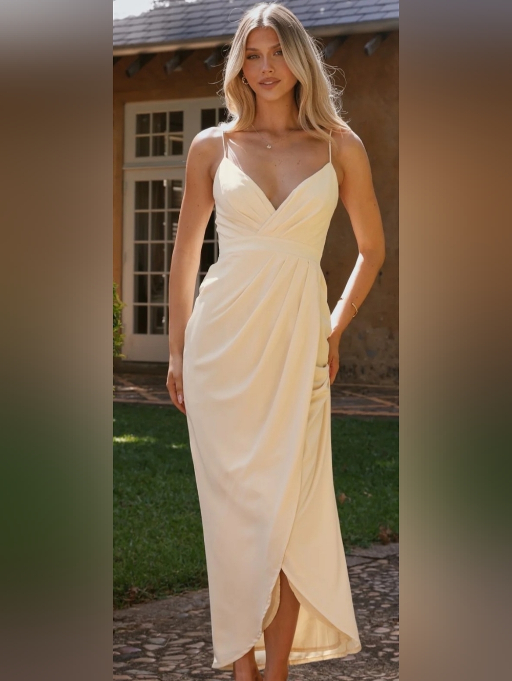 Spaghetti-Strap Cream Maxi Dress with Wrap Front